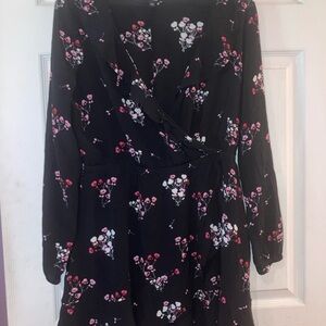 Womens Express Faux Wrap Black Dress with Pink Floral Design. Ruffled V-Neck.